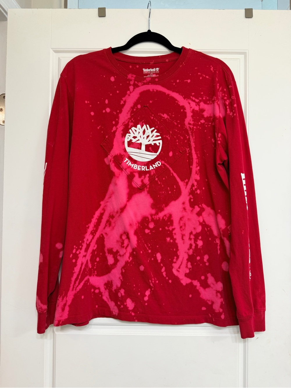 Timberland Red Long Sleeve Tee with Pink Bleach Graphic